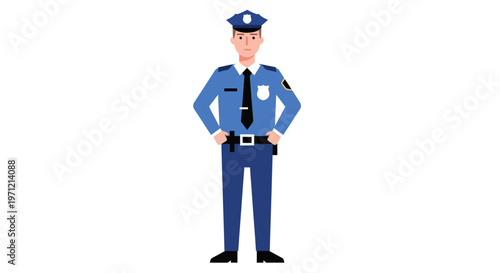Vector illustration of a professional police officer in full uniform, symbolizing law enforcement, public safety, and community protection, ready to serve and uphold order