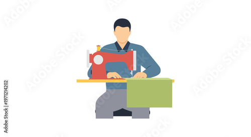 Stylized illustration of a skilled professional engaged in the art of textile creation, operating a sewing machine, embodying precision and dedicated craftsmanship in garment production