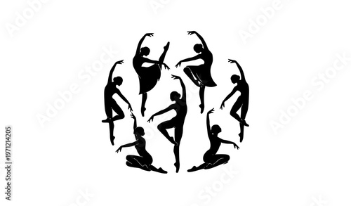 Elegant dancer silhouettes vector set in circular composition with abstract minimalist dance poses