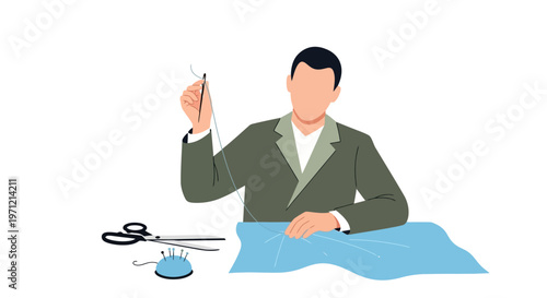 Tailor sewing fabric with needle and thread, scissors, and pincushion on a white background
