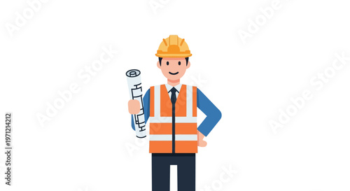 Male construction worker in hard hat and safety vest holding blueprints, professional occupation illustration