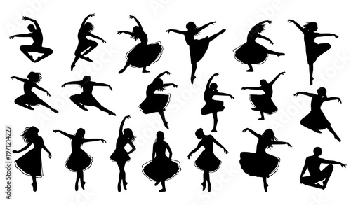 Modern dancer silhouette vector collection with dynamic abstract dance poses in minimalist black style
