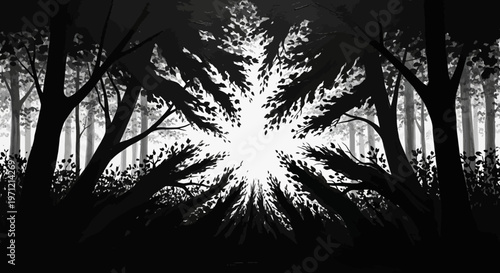 Enigmatic Forest Canopy Silhouette with Bright Light Bursting Through