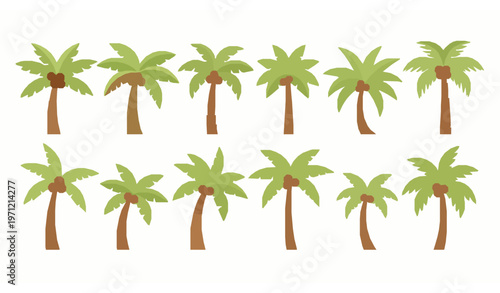Tropical coconut palm tree vector set with cartoon island trees in flat design collection
