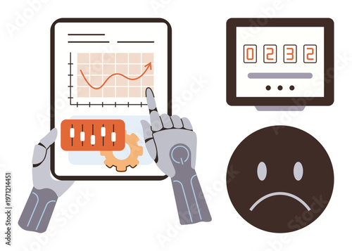 Artificial intelligence, automation, data analysis, robotics, machine learning, emotional intelligence. Robotic hands interacting with a graph and settings, paired with a frowning face icon