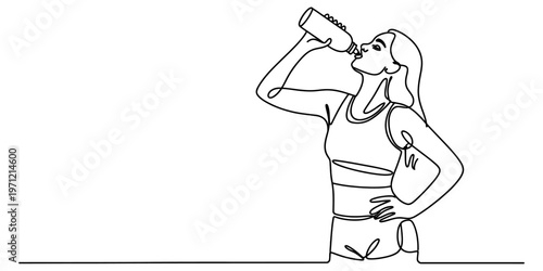 A continuous line drawing of a young woman drinking water from a plastic bottle after workout