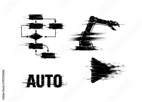 Algorithm and automation theme, a set of three glitch-distorted monochrome objects arranged on a perfectly clean white background