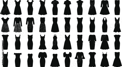 fashion, dress, silhouette, black, clothing, collection, elegant, outfit, female, apparel, design, stylish, vector, illustration, isolated, boutique, garment, set, modern, chic