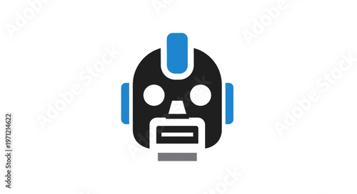 A stylized robotic face with a black and blue color scheme against a white background