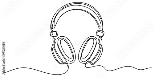 Minimalist continuous single line drawing of professional studio headphones for audio listening.