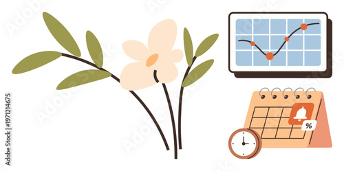 Business strategy, financial planning, progress tracking, time management, branding, productivity. A blooming flower alongside a chart and a calendar with clock. Business strategy and financial