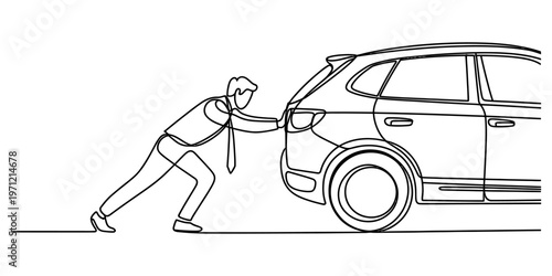 A continuous line drawing of a businessman in a tie pushing a broken car on a white background
