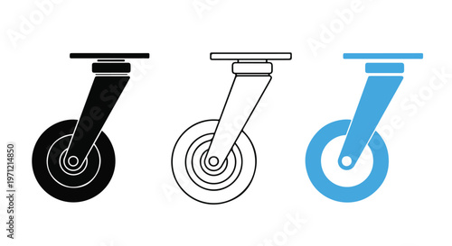 Three different styles of industrial caster wheels shown in black, outline, and blue for furniture and equipment