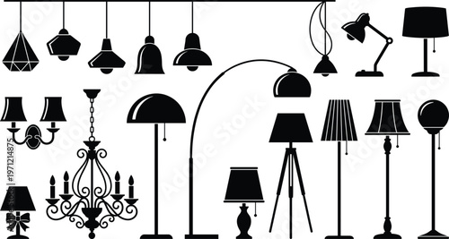 modern pendant lights collection, floor table lamps, chandelier silhouettes, interior lighting elements set, black isolated vector illustration minimal design