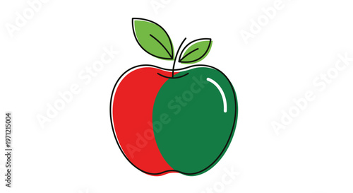 A vibrant split-colored apple illustration with detailed leaves on a pristine white background