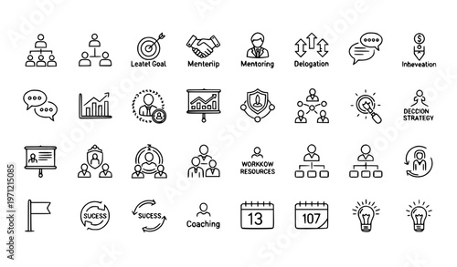 Leadership and management outline icon set with teamwork motivation and business strategy line icons for corporate UI