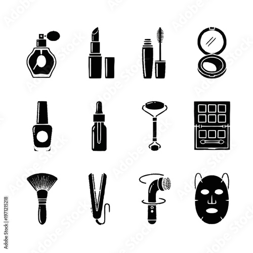 Black and white makeup icons vector illustration with refined detail and versatile visual appeal, ideal for product pages, manuals, tutorials,
