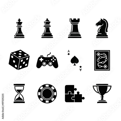 Black icons for games and leisure vector illustration with refined detail and versatile visual appeal, ideal for product pages, manuals,