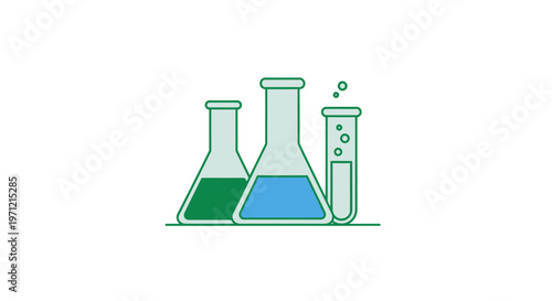 Minimalist laboratory illustration depicting chemical flasks and test tubes with colored liquids