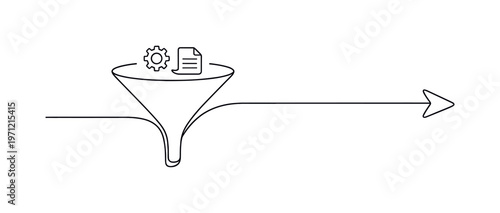 Efficiency and streamlined workflow optimization in a modern professional setting, a continuous line forming a simple funnel that smoothly transforms