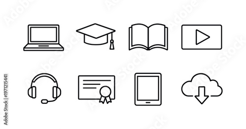 E-learning and online education: laptop, graduation cap, open book, video play button, headset with microphone, certificate, tablet device, cloud