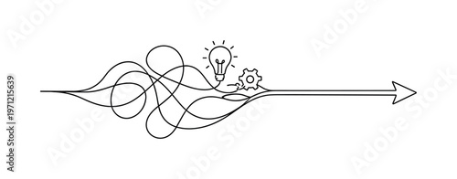 Cutting through confusion and aligning priorities into a single clear direction in a complex professional workflow, a continuous line forming multiple