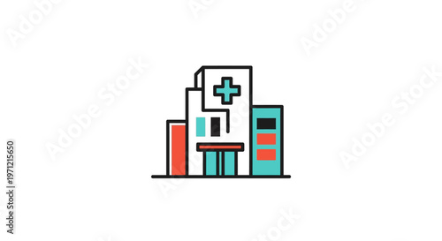 Minimalist hospital building illustration, medical clinic icon design, healthcare concept graphic