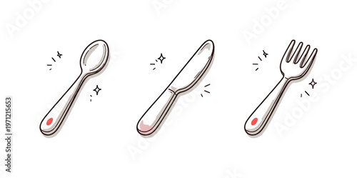Simple breakfast utensils theme  a horizontal row of 3 related hand-drawn objects on a white background: a small spoon with a tiny red dot on the