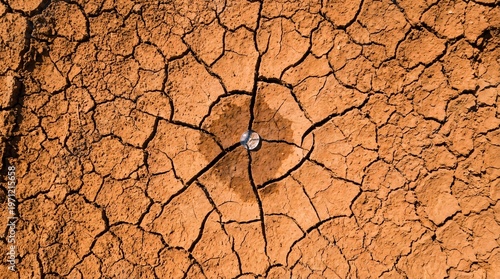 Cracked desert earth slowly absorbing a single drop of pure water strongly symbolizes the desperate thirst for true emotional connection.