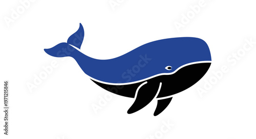 Minimalist whale illustration featuring blue and black color scheme on a white background