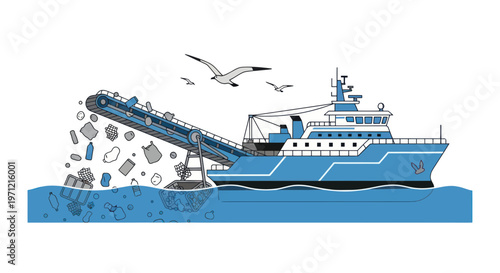 Large blue ship collecting ocean plastic pollution with conveyor belt seagulls flying overhead in the sea