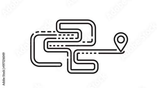 a minimalist black line art illustration of a maze with a map pin, symbolizing navigation and problem-solving, useful for business, marketing, and educational materials