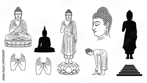 Set of buddha figures and symbols including statues, hands in mudra, and a bowing monk, line art.