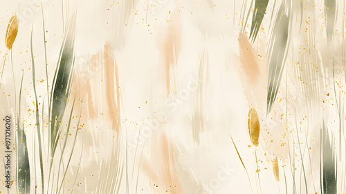 Abstract Botanical Background with Soft Beige Brush Strokes and Golden Accents 
