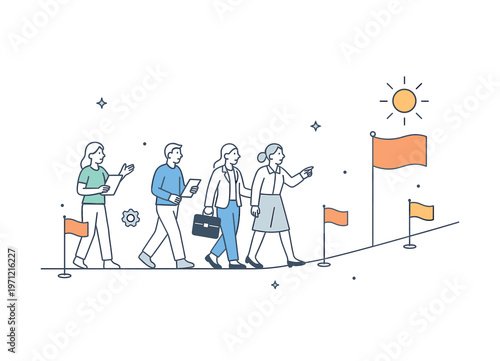 A structured steady execution scenario where a team maintains consistent forward movement through clearly defined stages toward a final goal, built