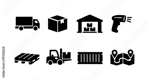 Logistics delivery: delivery truck, package box, warehouse, barcode scanner, pallet, forklift, shipping container, route map