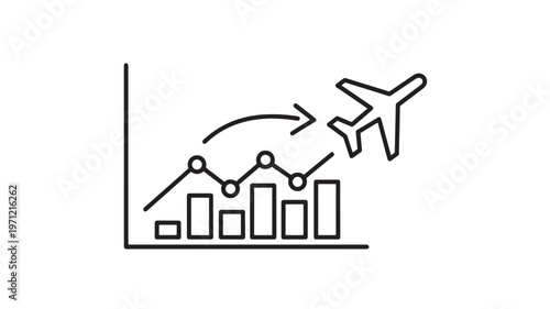 A line graph showing growth trend with an airplane taking off, symbolizing increasing air travel or tourism industry growth, useful for business, marketing, and travel concepts.