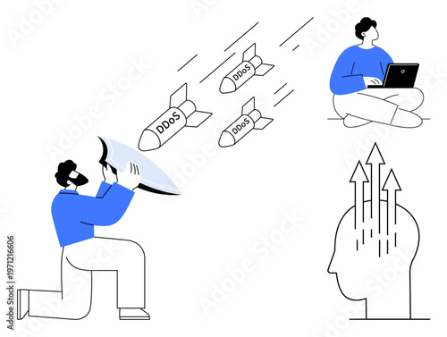 DDoS attack concept. DDoS visuals highlight the importance of protection in cybersecurity and defending networks. DDoS prevention is vital for data security, internet stability, and online platforms