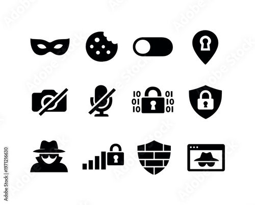 Online security and privacy: private browsing mask, cookie settings, permission toggle, location privacy pin, camera blocked icon, microphone blocked