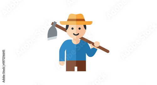 Flat design illustration of a farmer holding a hoe over his shoulder, representing agriculture and farming profession