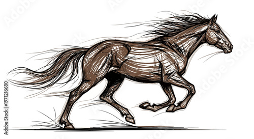 Dynamic sketch of a running horse, capturing speed and motion with artistic linework