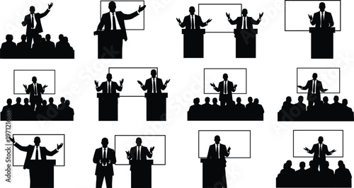 Collection of black silhouettes of speakers at podiums addressing audiences speech presentation