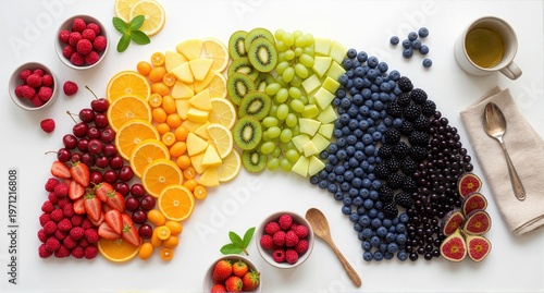 Rainbow Fruit Arrangement Organized by Color Spectrum Flat Lay