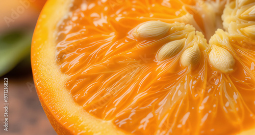 Fresh Orange Slice Macro Close-Up With Seeds and Juicy Citrus Texture