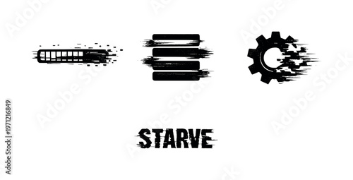 Digital process starvation and resource contention theme, a set of three glitch-distorted monochrome objects arranged on a perfectly clean white