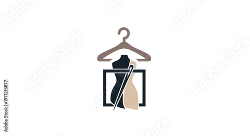 Minimalist Fashion Design Logo Depicting Dress Forms, Hanger, and Needle