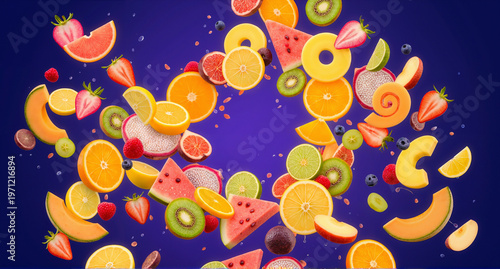 Floating Mixed Fruit Slices in Air on Dark Background Levitation Concept