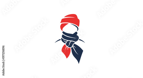 Minimalist graphic of a person with scarf and turban in red and blue color scheme