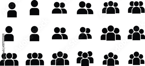 Grid of black silhouette icons representing groups of people from one to five individuals figure