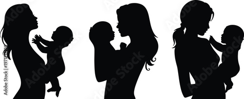 Three Silhouettes of Mothers Holding Babies on White Background Keywords: mother, baby, child, holding, embrace, love, family, motherhood